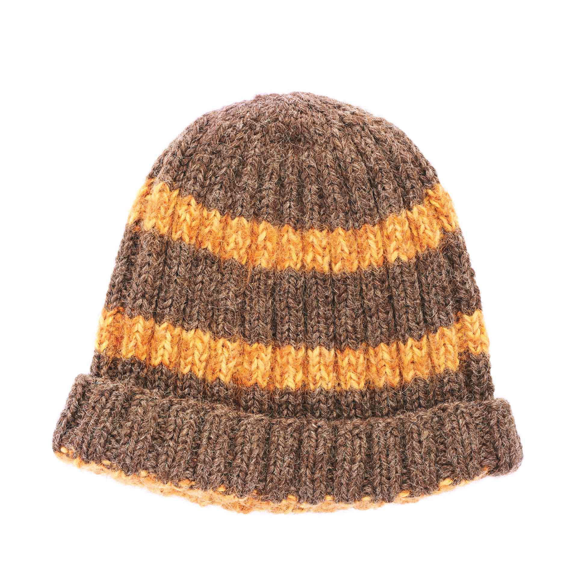 Brown-knitted-head-cap-with-the-orange-stripes,-isolated-over-the-white-background
