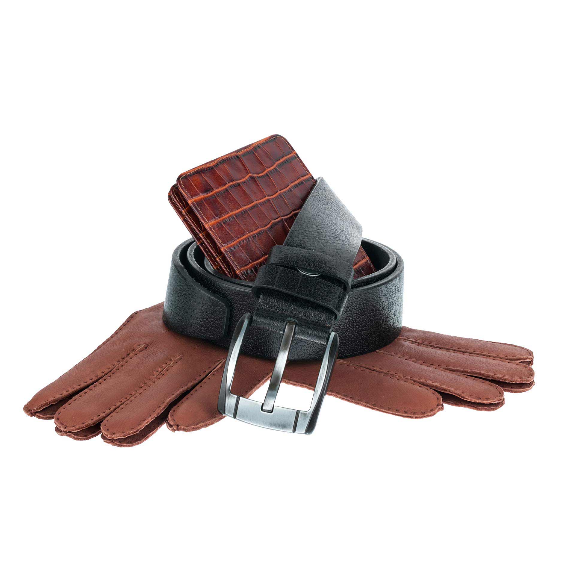 Mens-wallet,-belt-and-gloves-isolated-on-white-background